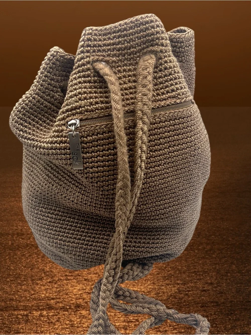 Vintage The Sak Beige Crochet Drawstring Backpack Boho Bucket Bag